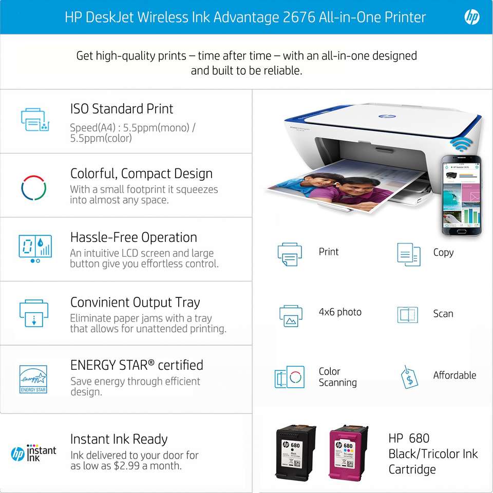 HP DeskJet Ink Advantage 2676 Multi-function WiFi Color Inkjet Printer ...