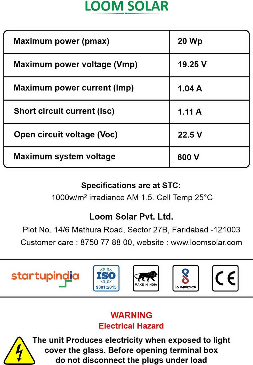 LOOM SOLAR 20 Watt - 12 Volt Solar Panel Price in India - Buy LOOM ...
