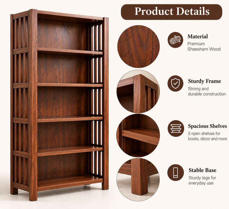 Woodoska WOODOSKA Classic Sheesham Bookshelf Solid Wood Open Book Shelf ...