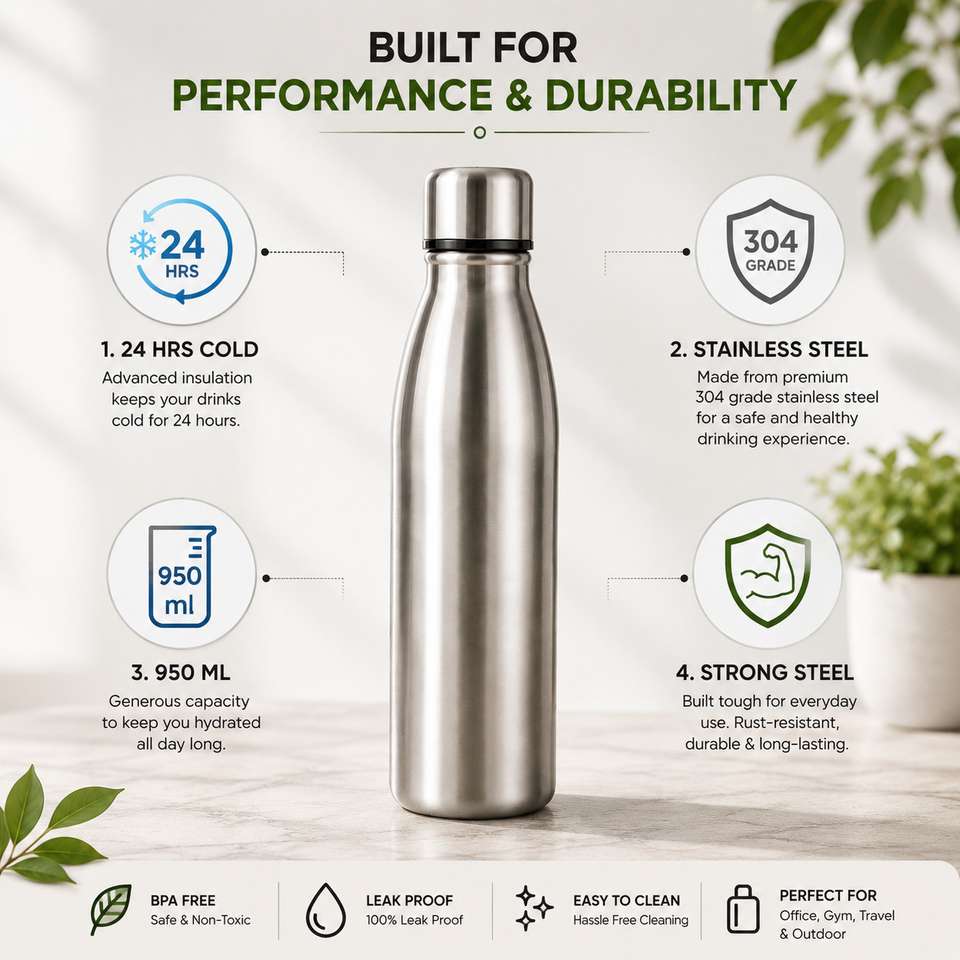 HUZUR JI TRADERS Stainless Steel Water Bottle 1000ml Leak Proof 950 ml ...