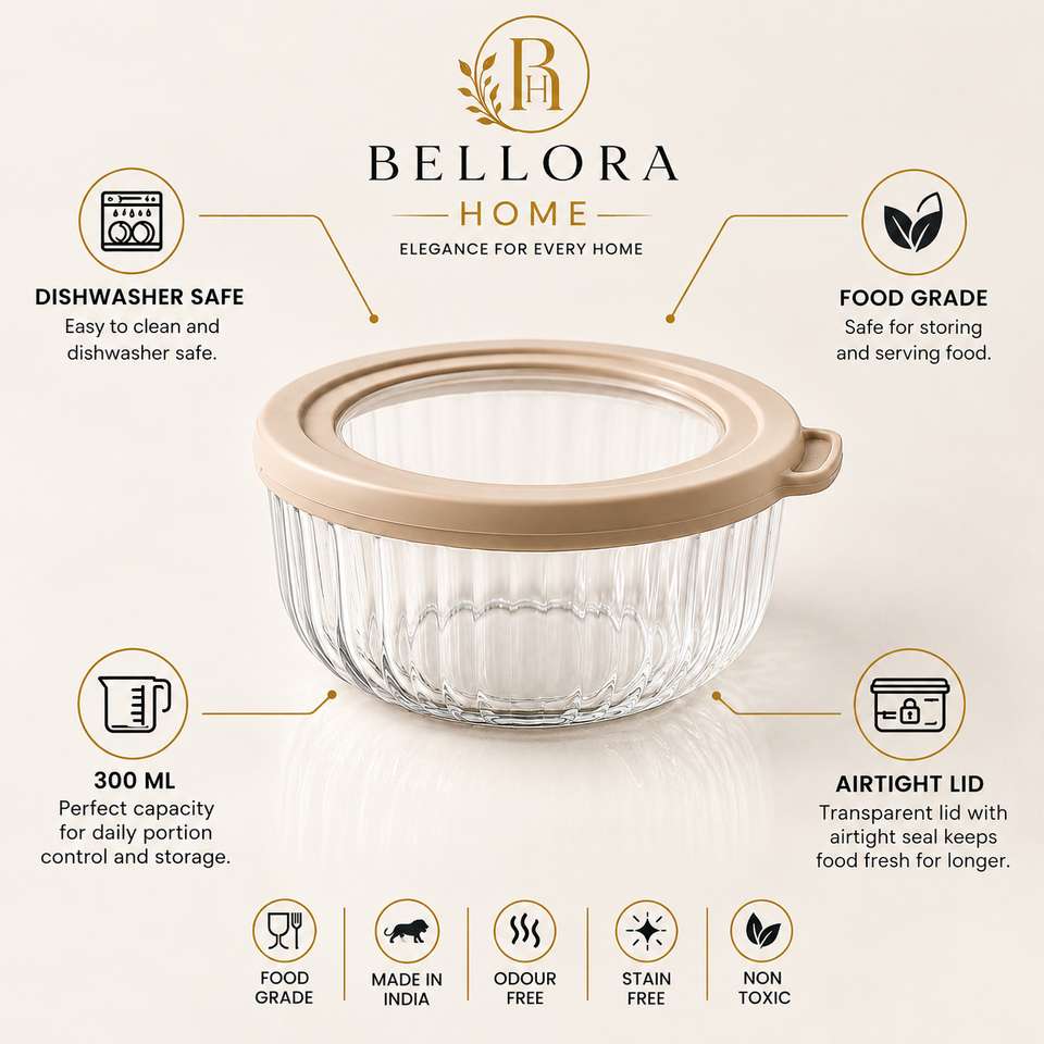 BELLORA HOME Glass Storage Bowl Serving Glass Bowl with Lid Airtight ...
