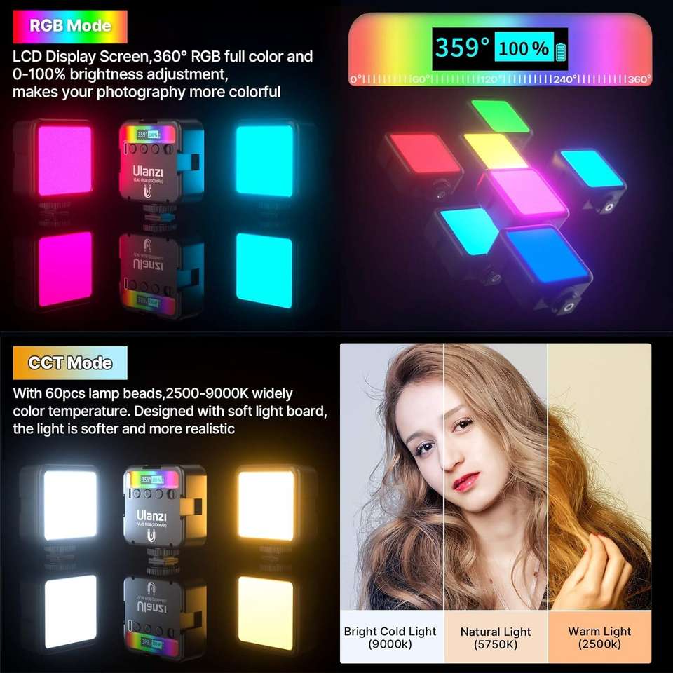ULANZI VL49 RGB Video Light 3 Cold Shoe Magnetic 2500–9000K LED LCD ...