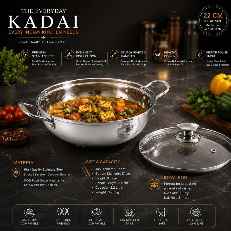 Red Inverse Icon Red Robin Heavy Gauge Stainless Steel Deep Kadai with Glass Lid for ...