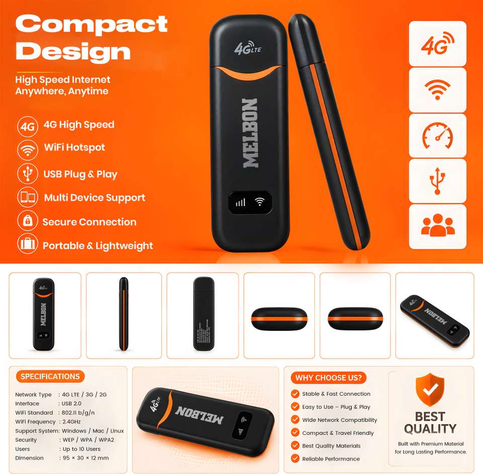 Melbon 4G LTE USB WiFi Modem Dongle Portable Hotspot Up to 10 Users ...
