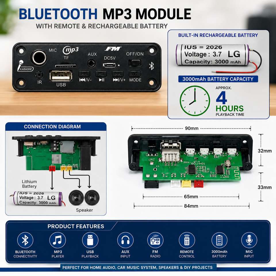 HOXIUL Bluetooth MP3 Module with Remote 3000mAh Battery 2 Connector ...