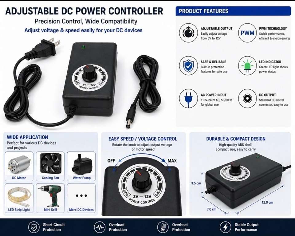SG Flash 3‑12V 2A Adjustable Power Supply Speed Controller 24 Watts ...