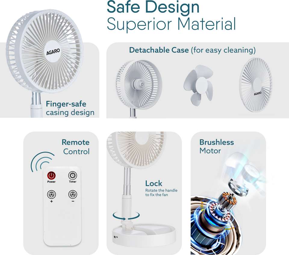 AGARO Grand Foldable Stand Fan With Remote Control, Rechargeable ...