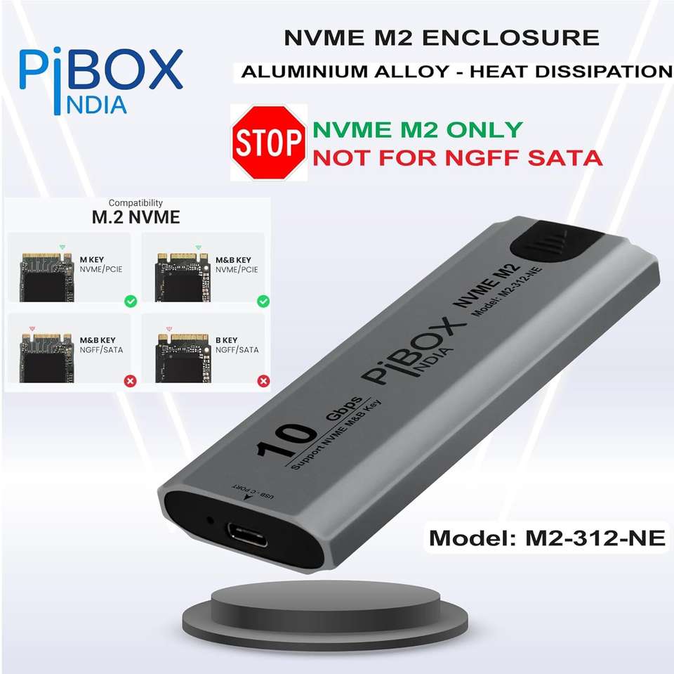 pibox india M2-312-NE NVME M2 SSD Enclosure- USB 3.2 10Gbps, Tool-Free ...