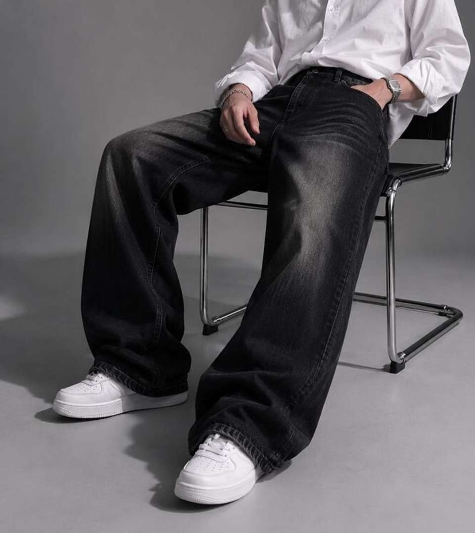Veliume Men Wide Leg Mid Rise Dark Grey Jeans - Image 6