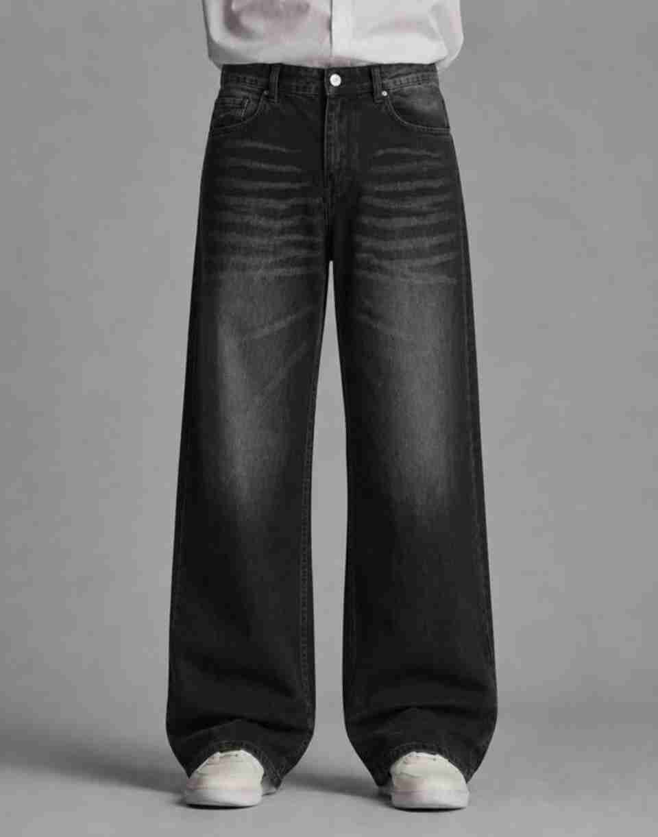 Veliume Men Wide Leg Mid Rise Dark Grey Jeans - Image 4