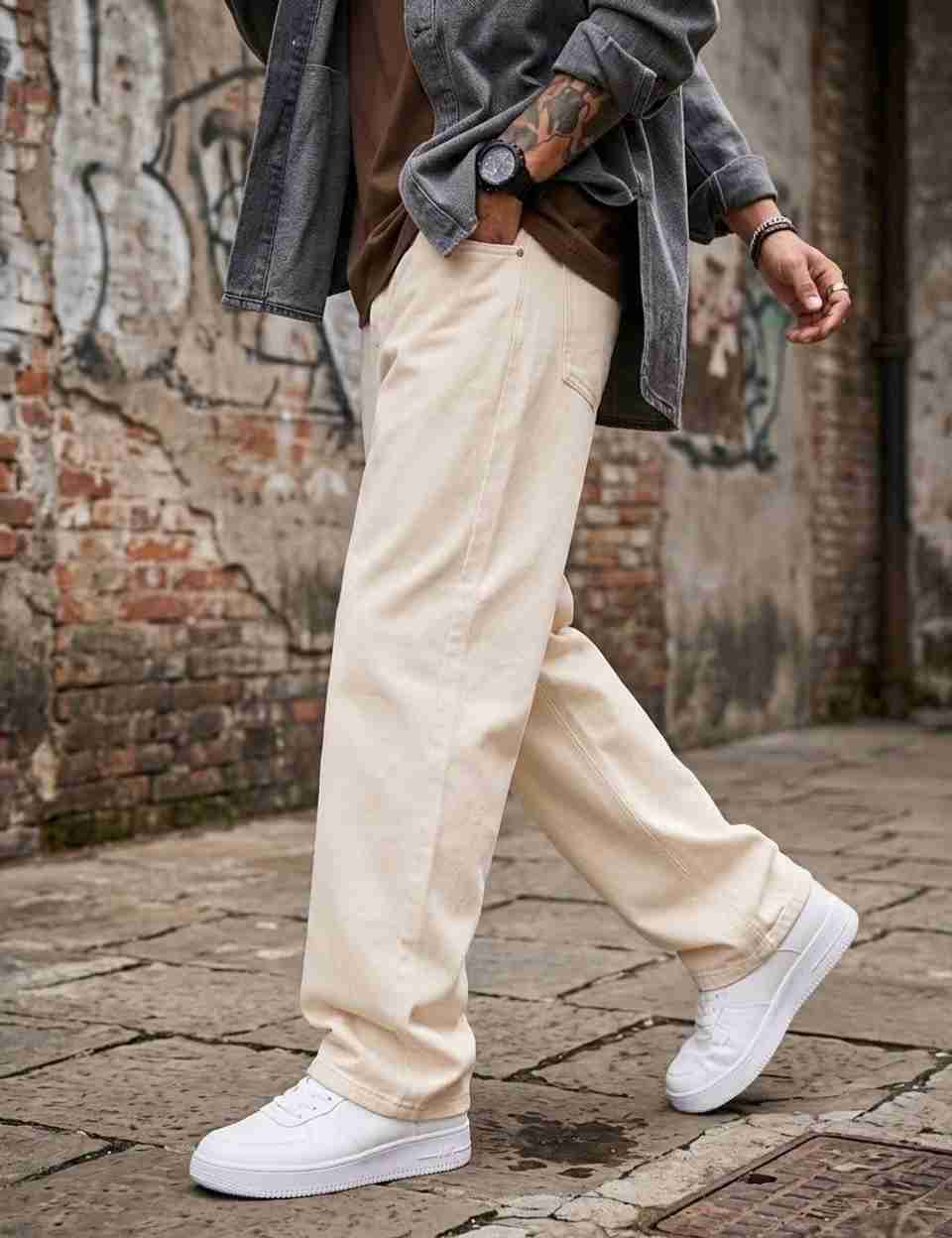 UrbanUptrend Men Loose Fit Mid Rise Beige Jeans - Image 5