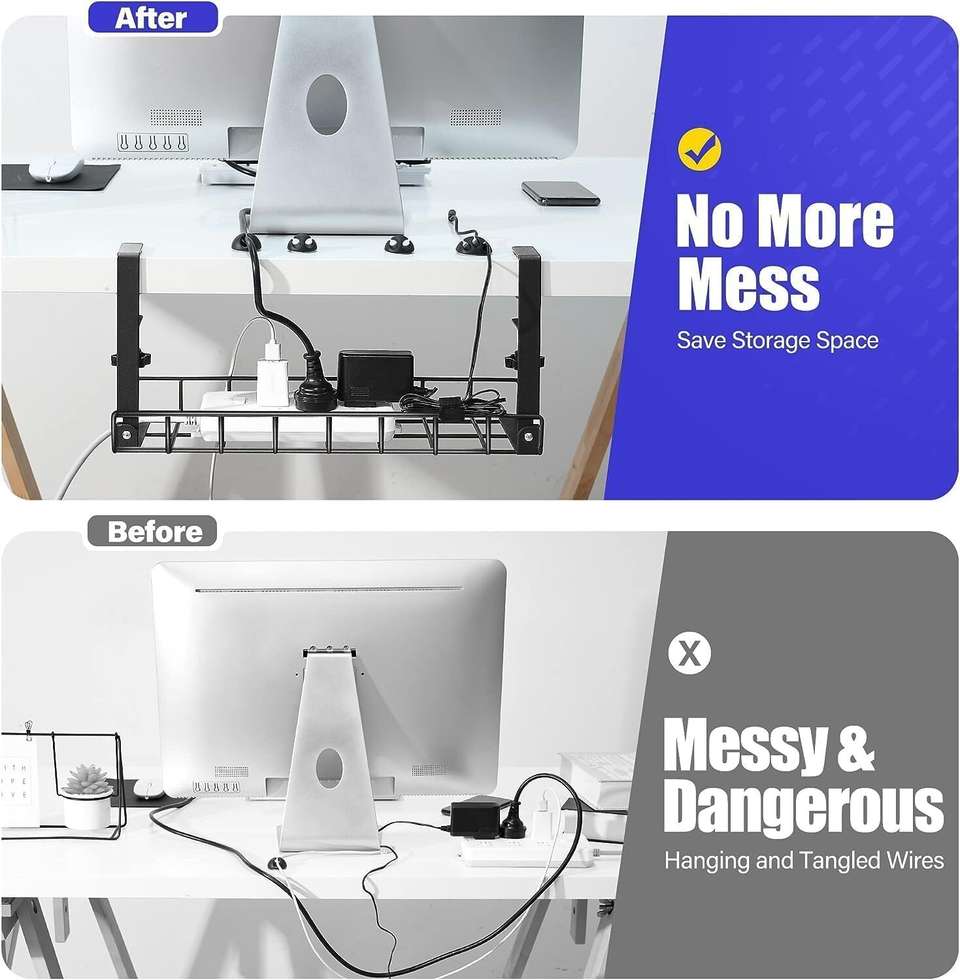 GEO FASHION 2 Pack Cable Management Under Desk Tray, No Drill Under ...