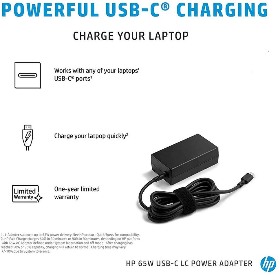 HP Original 65W USB Type-C Laptop Charger Adapter with Power Cable 65 W ...