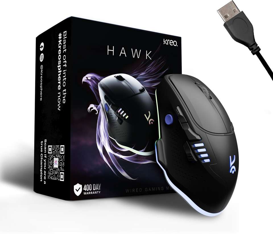 Hawk Computer Mouse Kreo Hawk Wired Ambidextrous Optical Gaming Mouse Pixart Sensor, RGB ...