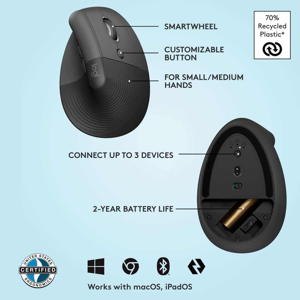 Logitech Lift Multi Connect Logitech LIFT / Vertical Ergonomic, Multi-Device (Upto 3 Device ...