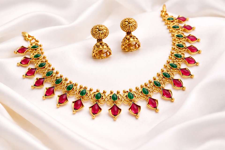Ruby Gp Dakshesh Traditional Gold-Plated Green & Ruby Stone Necklace Set with ...