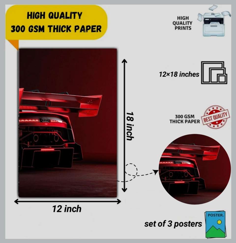 Set of 3 Sports Car Wall Poster | Red Black Racing Car Poster Set | HD ...