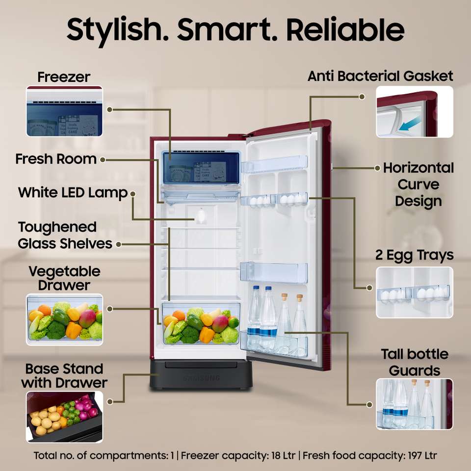 Samsung 215 L Direct Cool Single Door 5 Star Refrigerator with Base ...