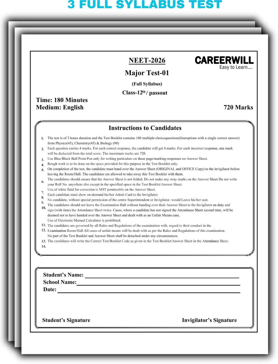 Careerwill NEET Test Series 2026 | 83 Chapterwise Tests | 3 Full ...