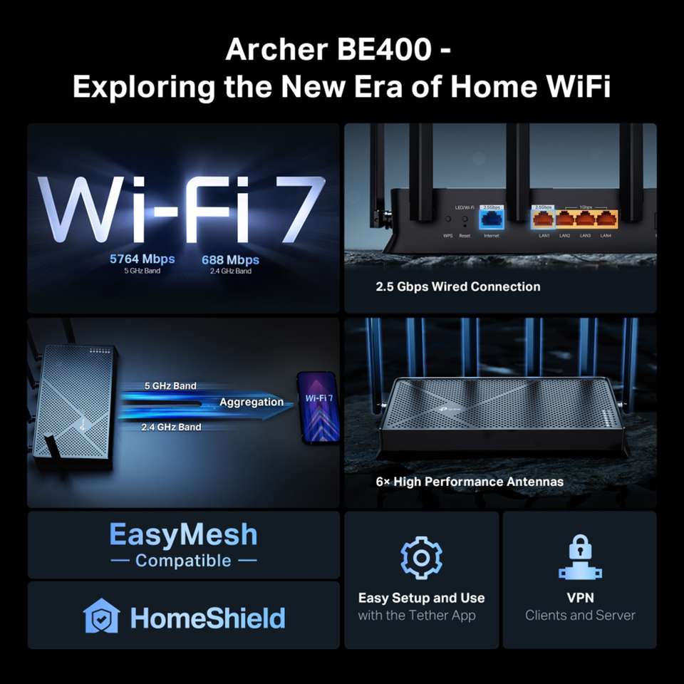 Be400 TP-Link Archer BE400 6500 Mbps Wi-Fi 7 Gigabit Router Wireless Router 2 ...