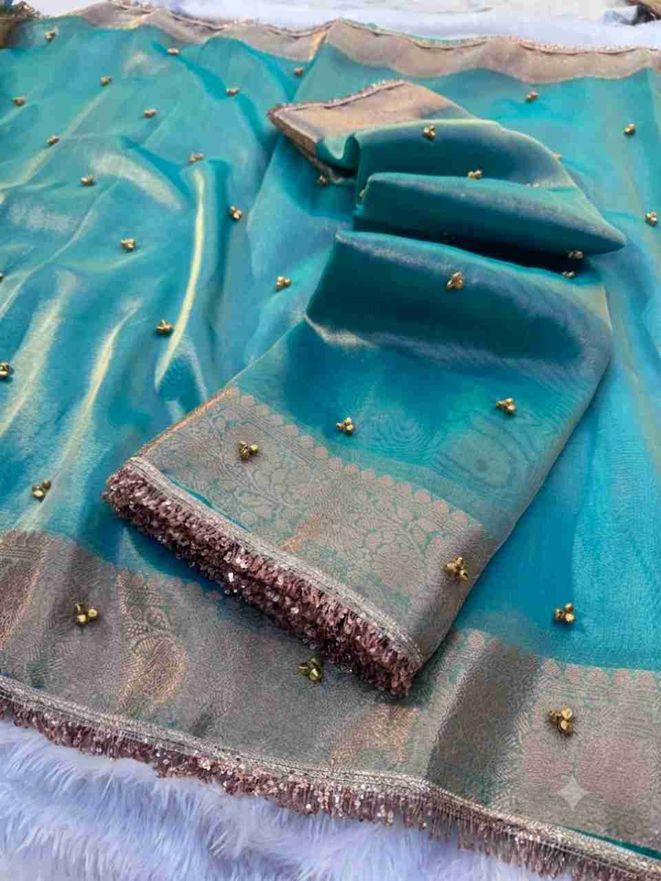 HouseofQueen बुना हुआ बनारसी टिश्यु साड़ी (नीला) - Image 8
