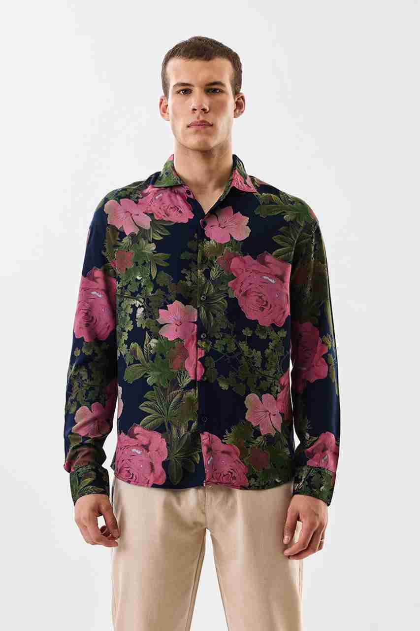 Snitch Men Floral Print Casual Dark Blue Shirt - Buy Snitch Men Floral ...