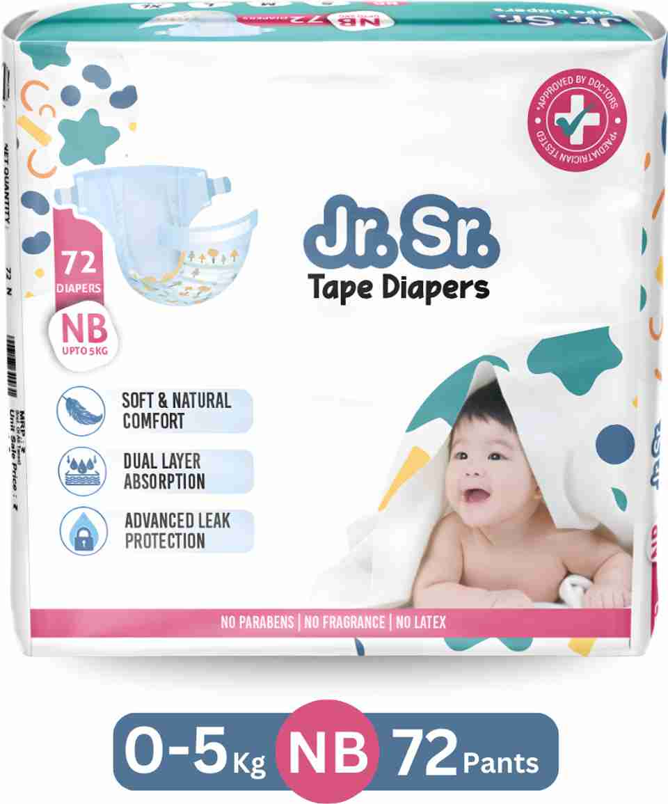 Jr. Sr. Baby Tape Style Diaper Upto 12 hr Absorption Soft & Comfy Tape ...