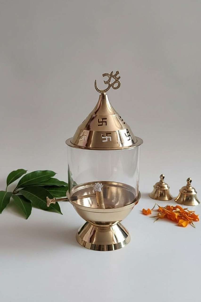 SERENITY LIVING Pure brass Akhand Diya with glass wick lifter for Durga ...