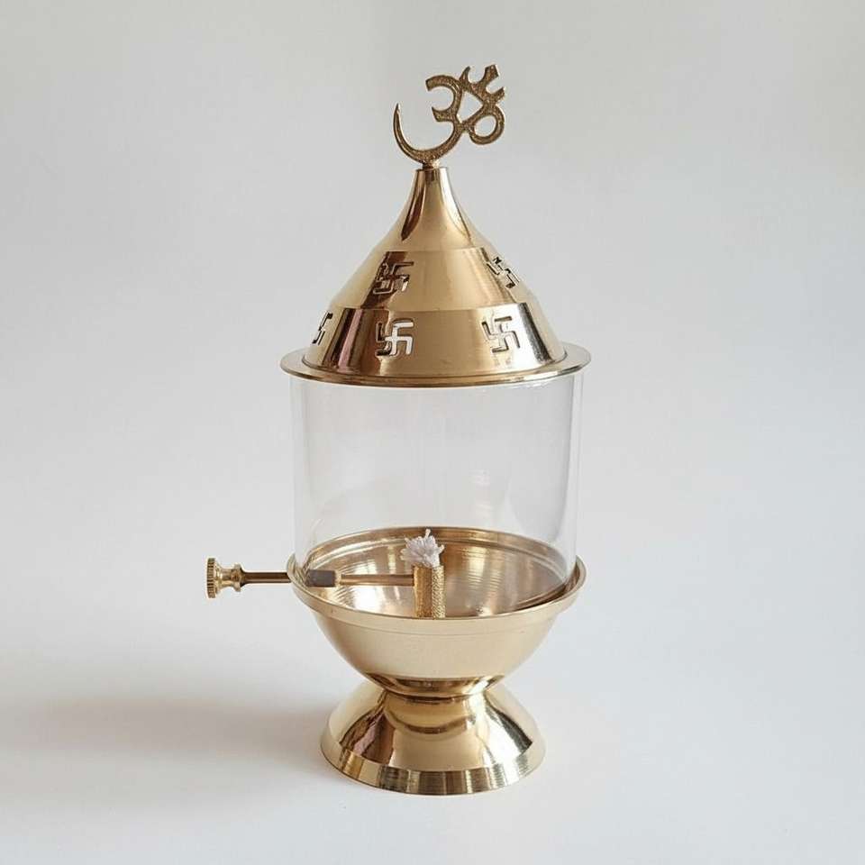 SERENITY LIVING Pure brass Akhand Diya with glass wick lifter for Durga ...