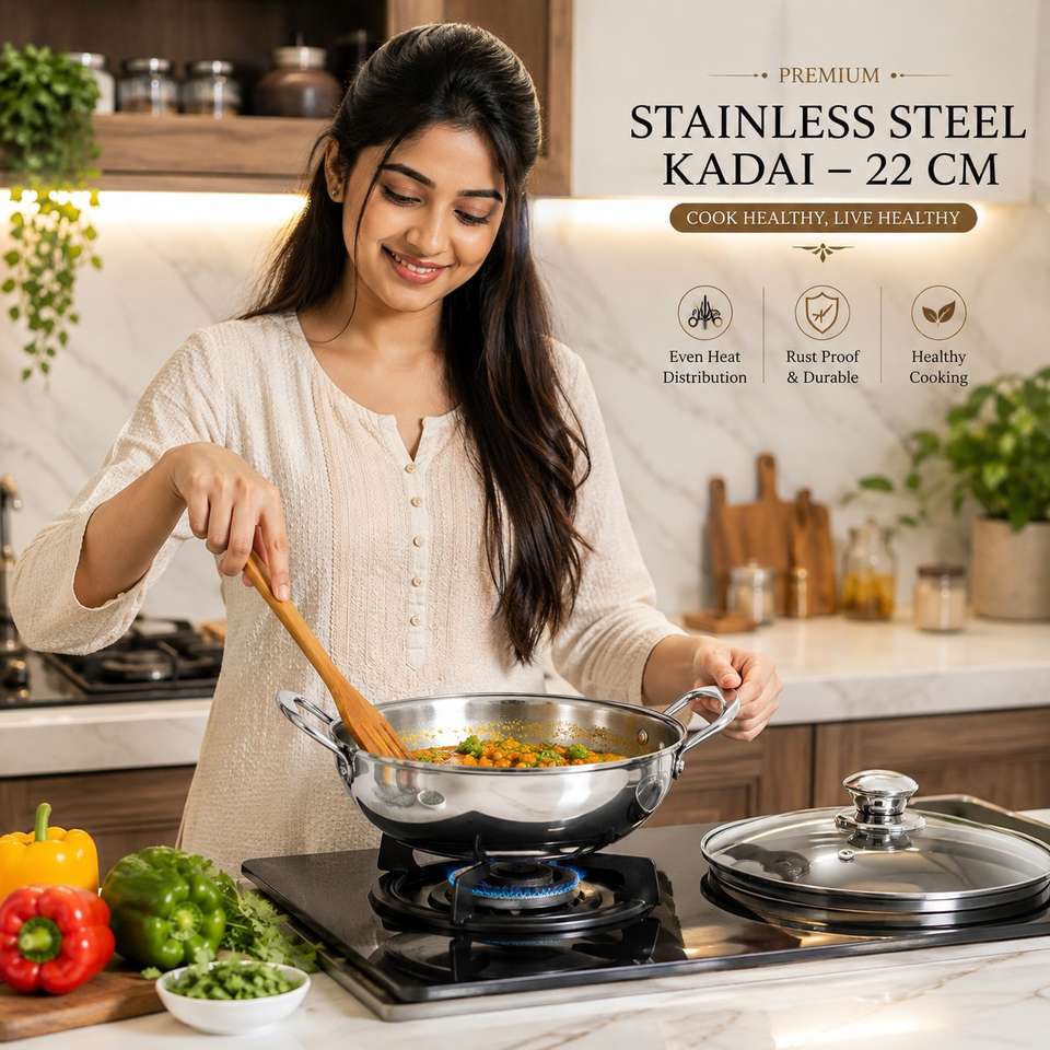 Red Inverse Icon Red Robin Heavy Gauge Stainless Steel Deep Kadai with Glass Lid for ...