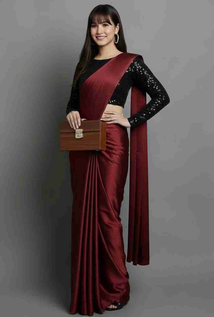 Solid Color Saree Buy Shrilaxmisari Solid/Plain Bollywood Satin Maroon Sarees Online ...
