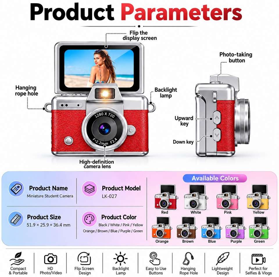 VELORA VIDEO CAMERA Travel Mini, 180° Flip Display with Flash light, HD ...