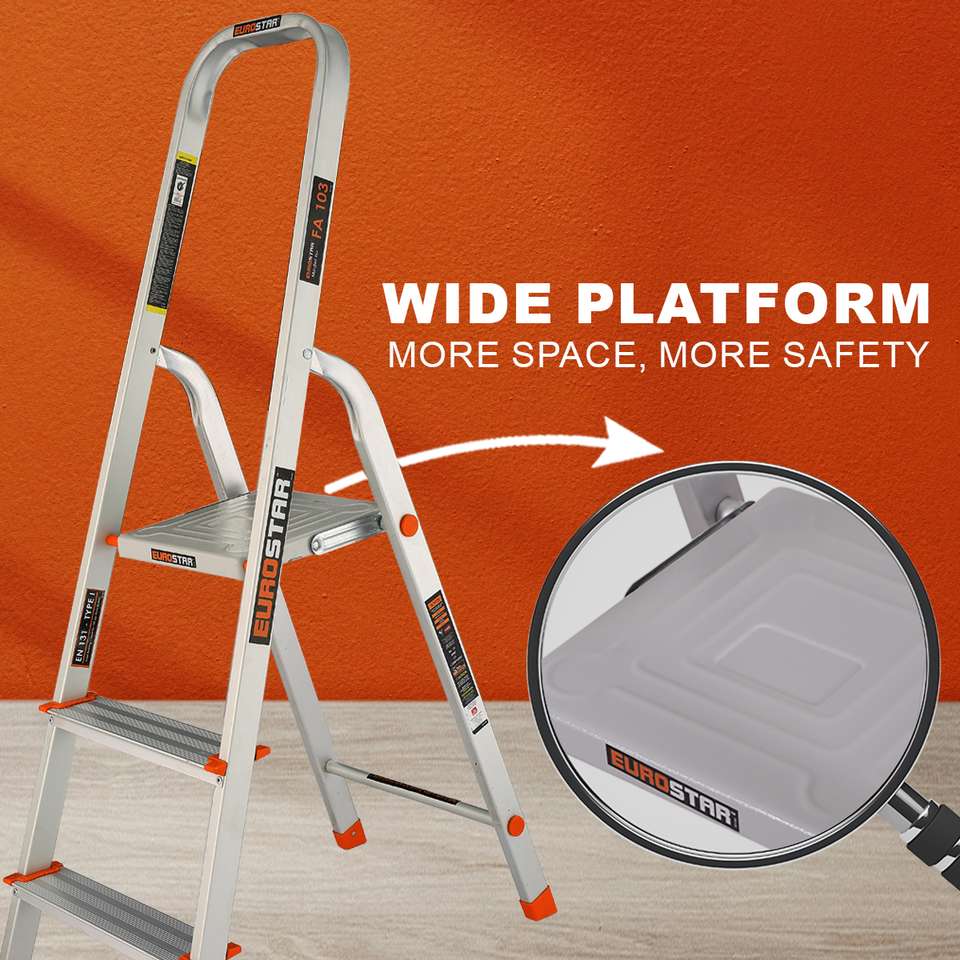 Metal Ladder Key EUROSTAR 3 Step Ladder for Home | Anti Slip | Foldable Aluminium Ladder ...