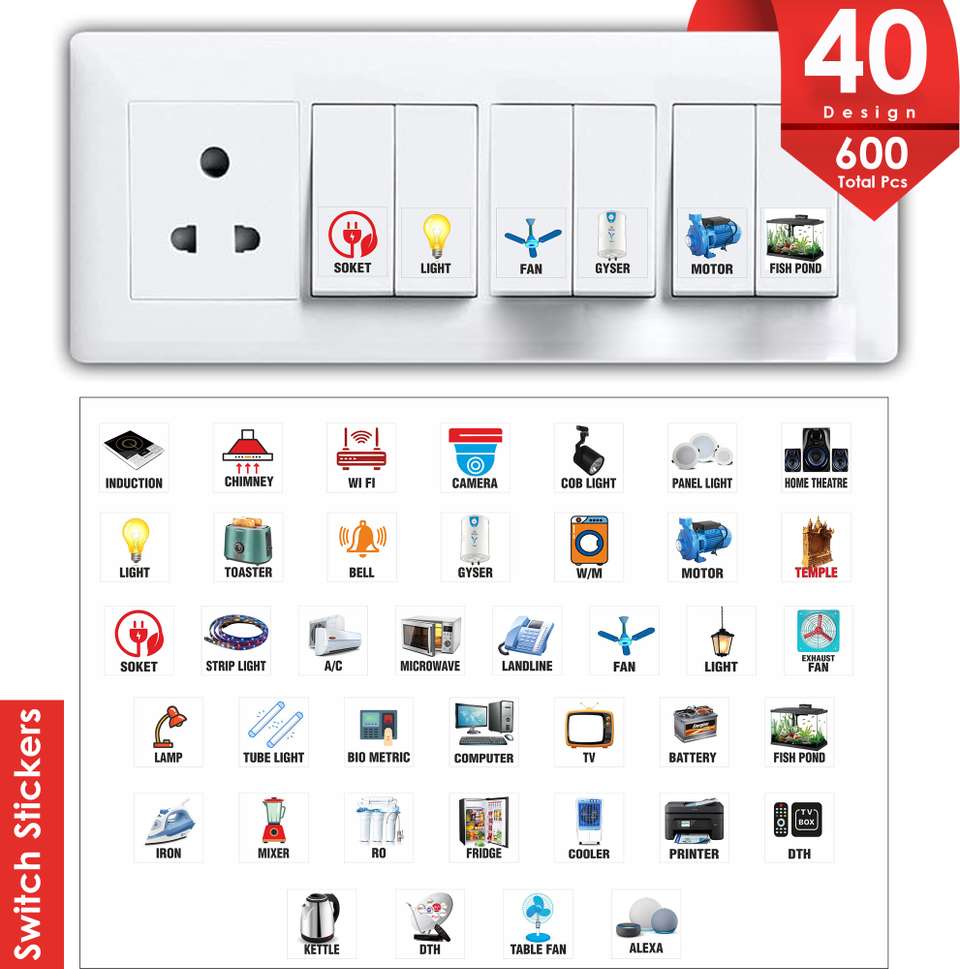JEMOX 1.5 cm Self-Adhesive Switch Stickers- 40 Designs for Electric ...