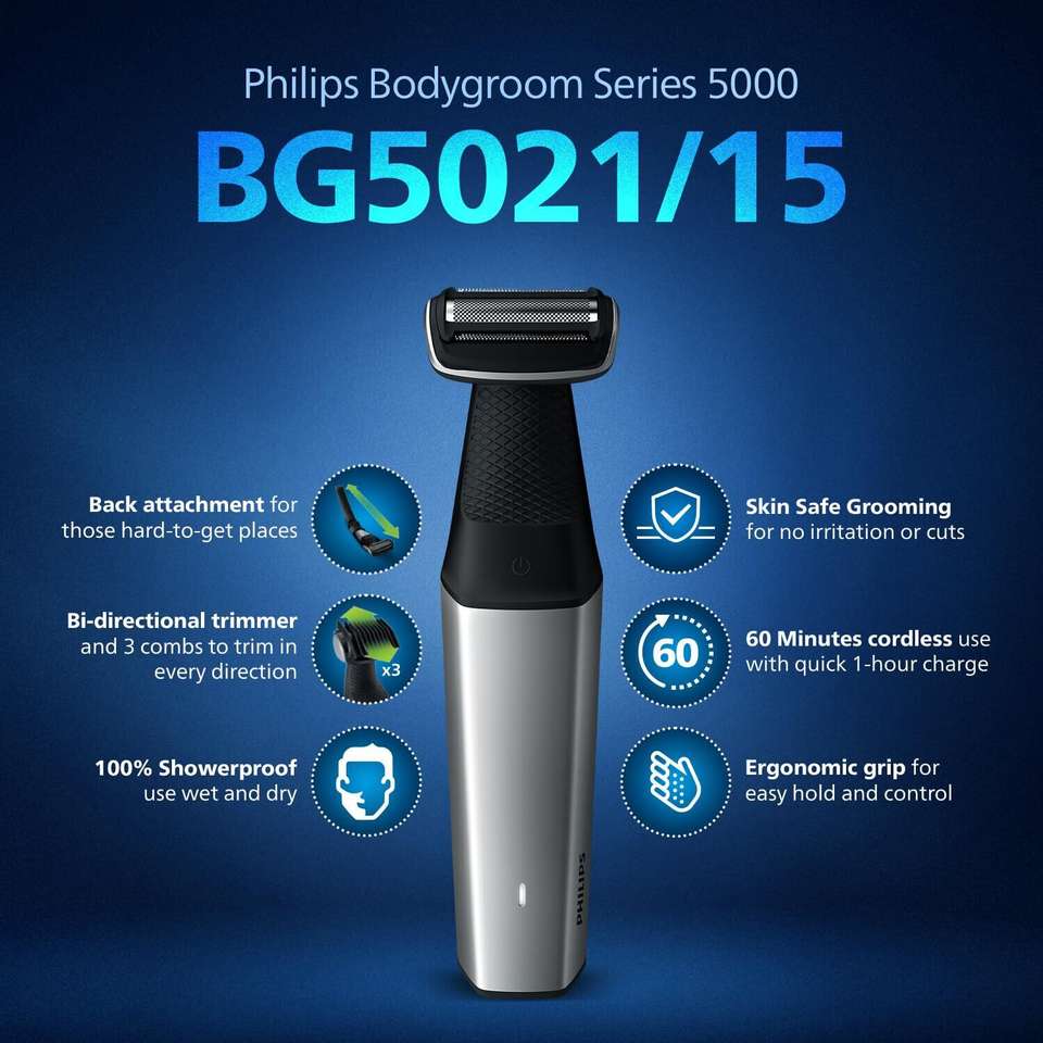 Body Distance Zone PHILIPS BG5021/15 Fully Waterproof Body Groomer 60 min Runtime 3 Length ...