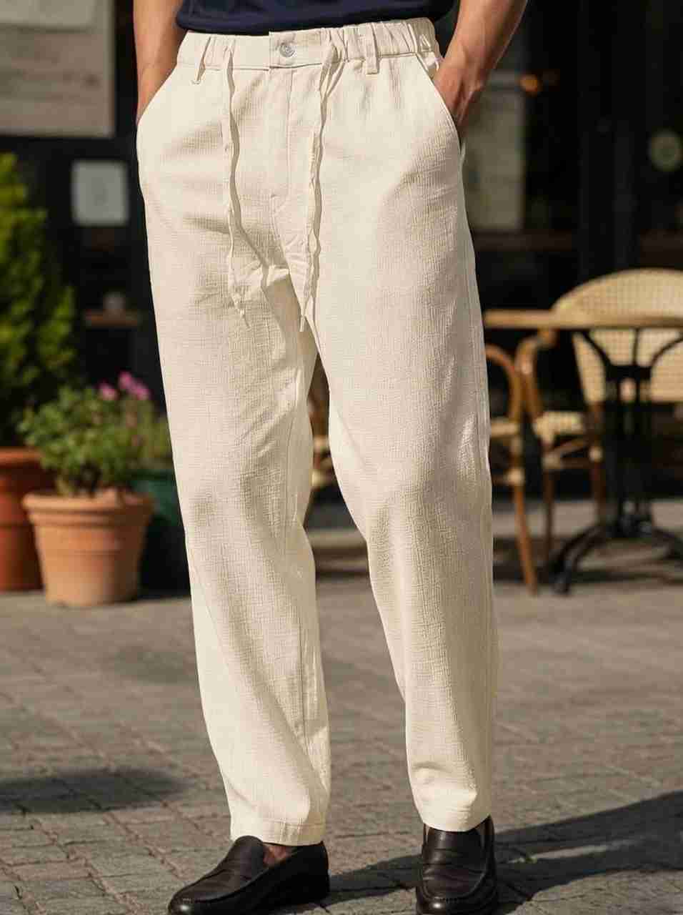 INDICLUB Men Relaxed Cream Linen Trousers - Image 9