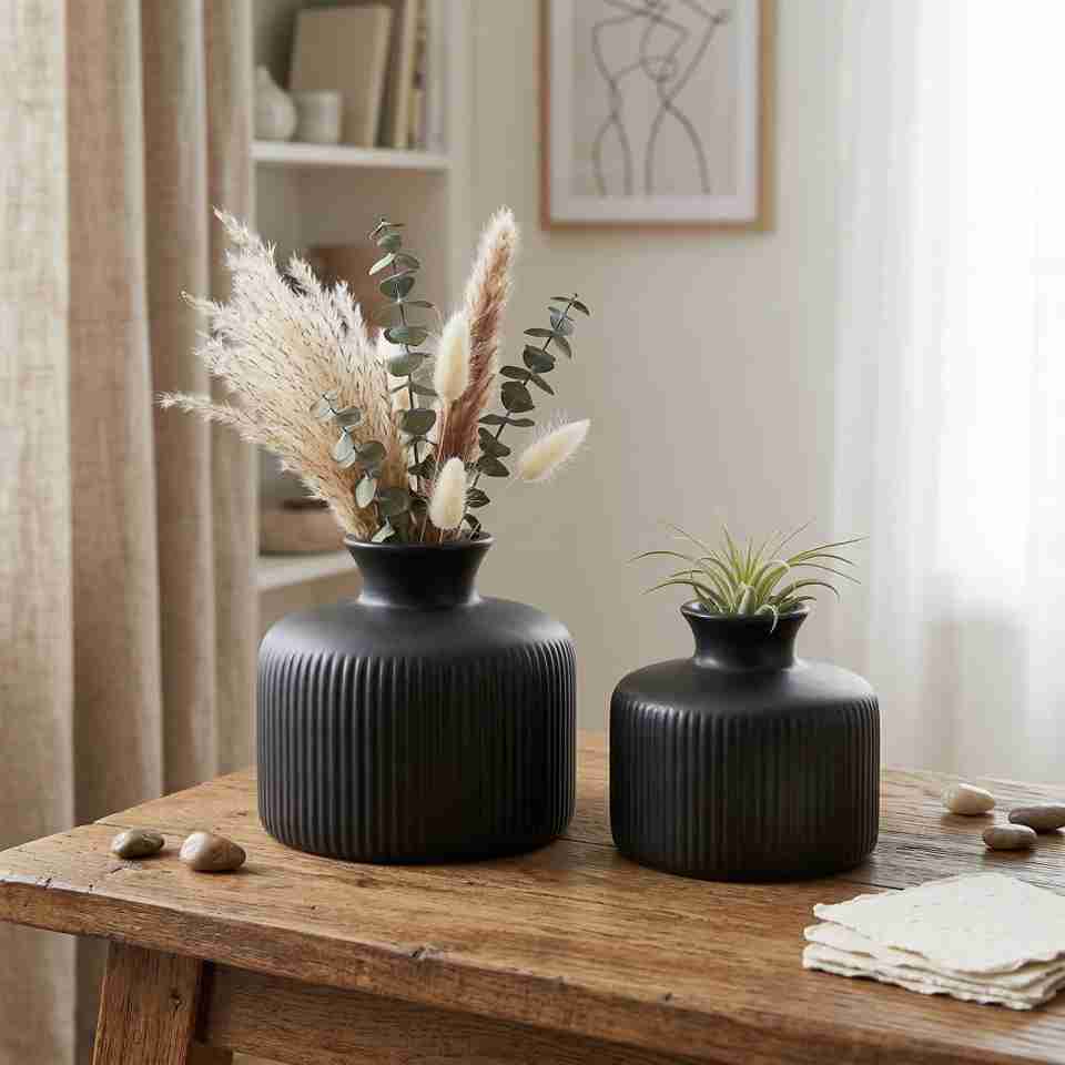 AAPUTRI Modern Ribbed Matte Black Ceramic Vase Set Ceramic Vase Price aaputri-modern-ribbed-matte-black-ceramic-vase-set-ceramic-vase-price