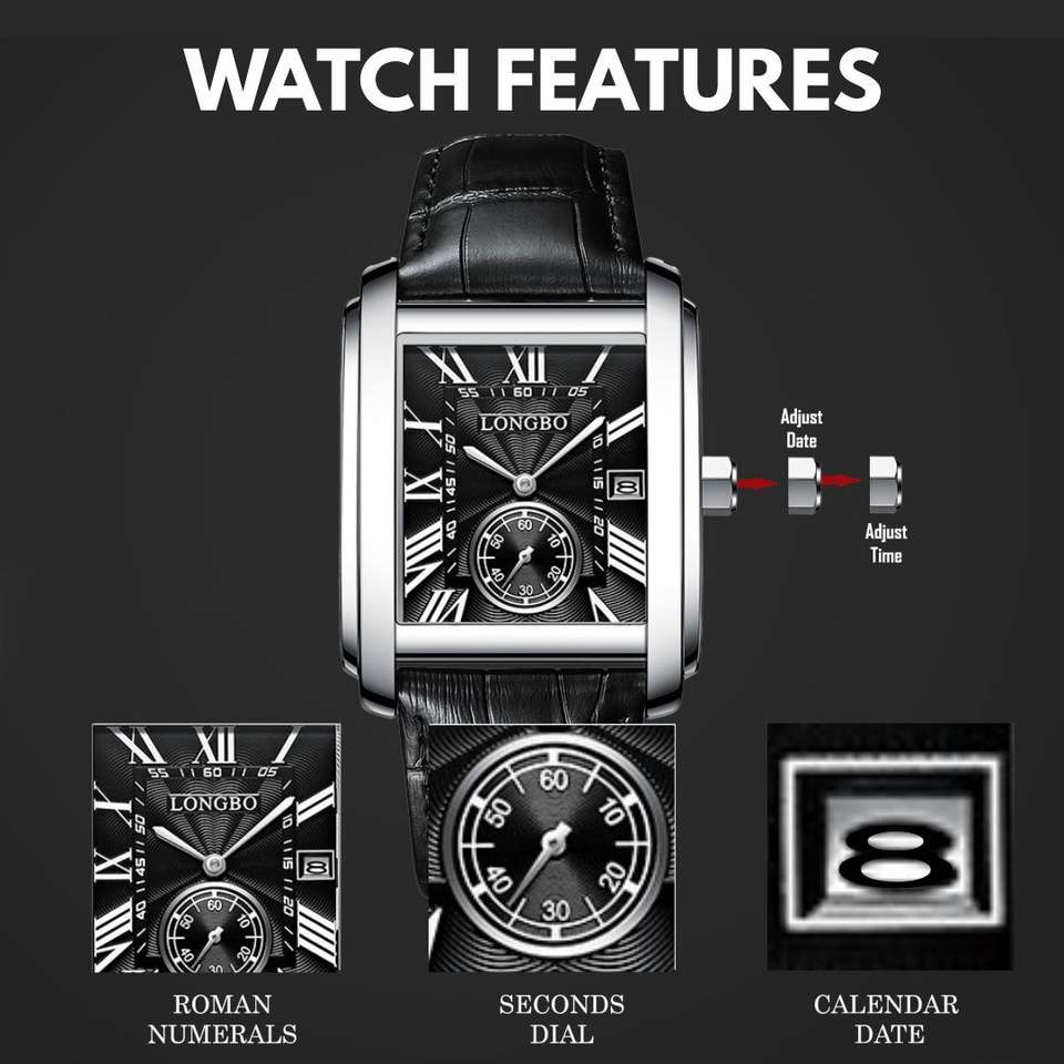Stop Watch Rectangle Shape Longbo Seconds Sub dial | Calendar Date Mens Watch Rectangular Shape ...