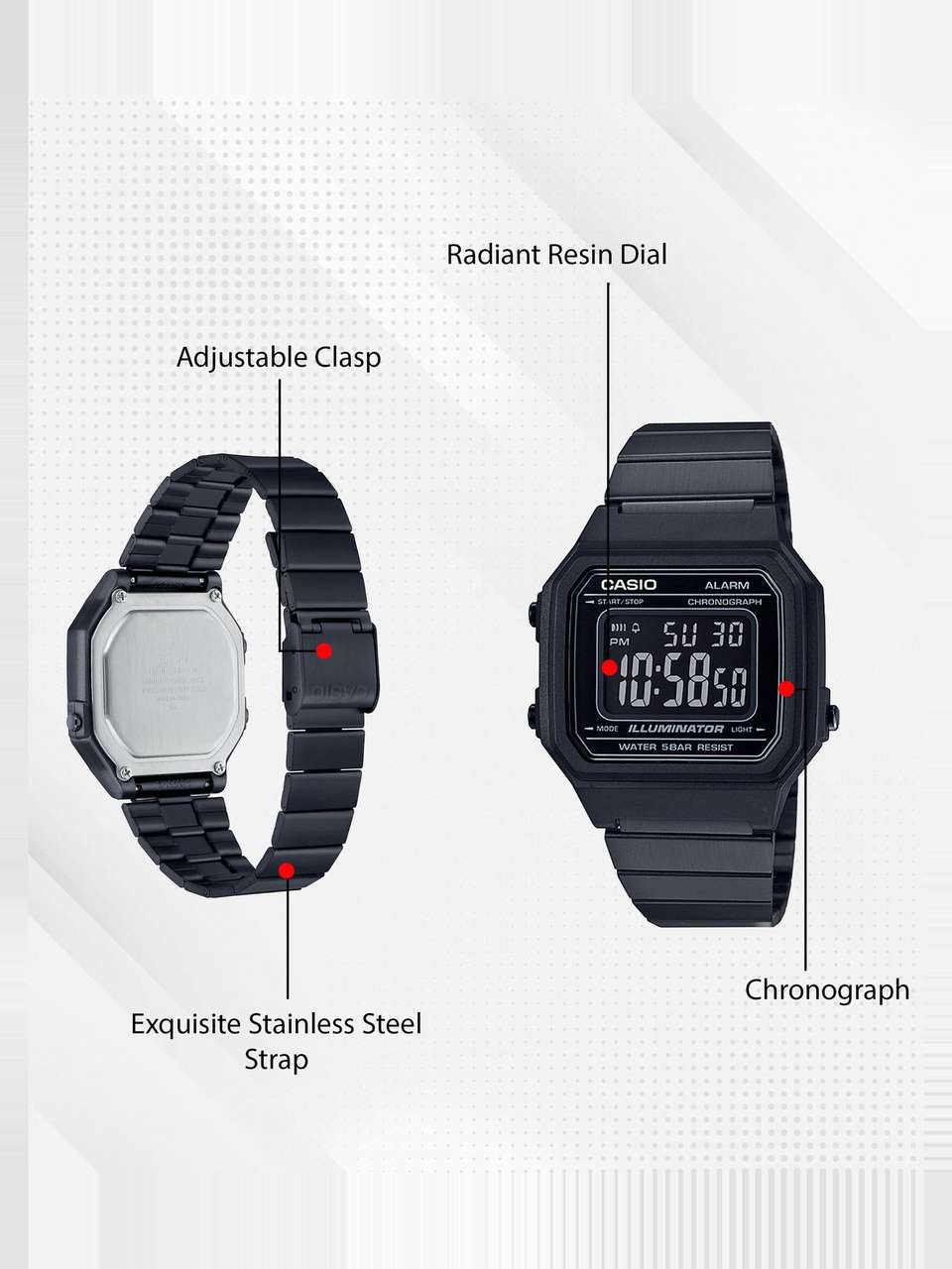 CASIO B650WB-1BDF Vintage Black Dial Black Stainless Steel Band Digital ...