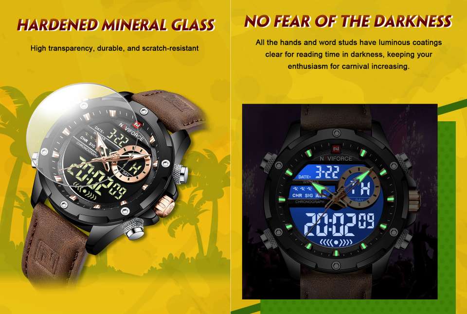 Digital M NAVIFORCE 9208 Luxury Fashion Genuine Leather Quality Calendar LCD ...