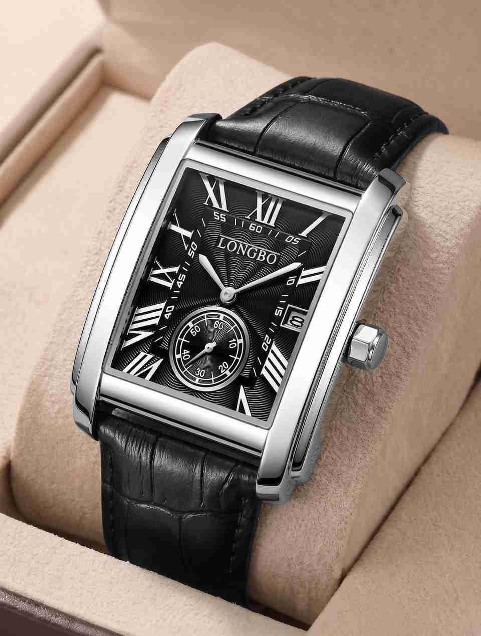 Stop Watch Rectangle Shape Longbo Seconds Sub dial | Calendar Date Mens Watch Rectangular Shape ...