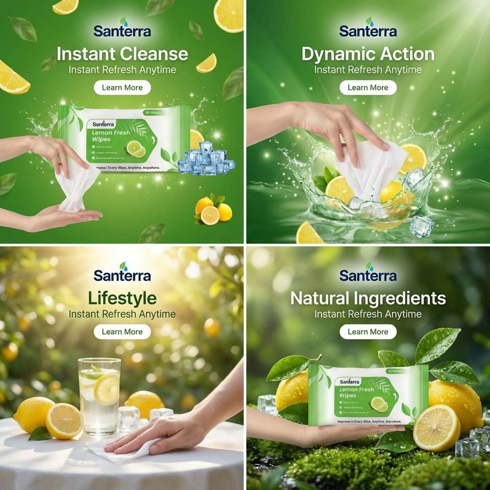 Lamon Typeface Santerra Refreshing Face Wipes with Lemon & Mint Skin Cleaning Wet ...