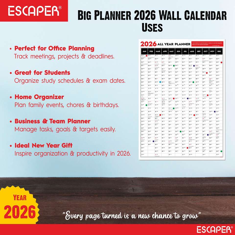 Big R Decal ESCAPER Big Planner 2026 Wall Calendar (18 x 25 inches) with Dot ...