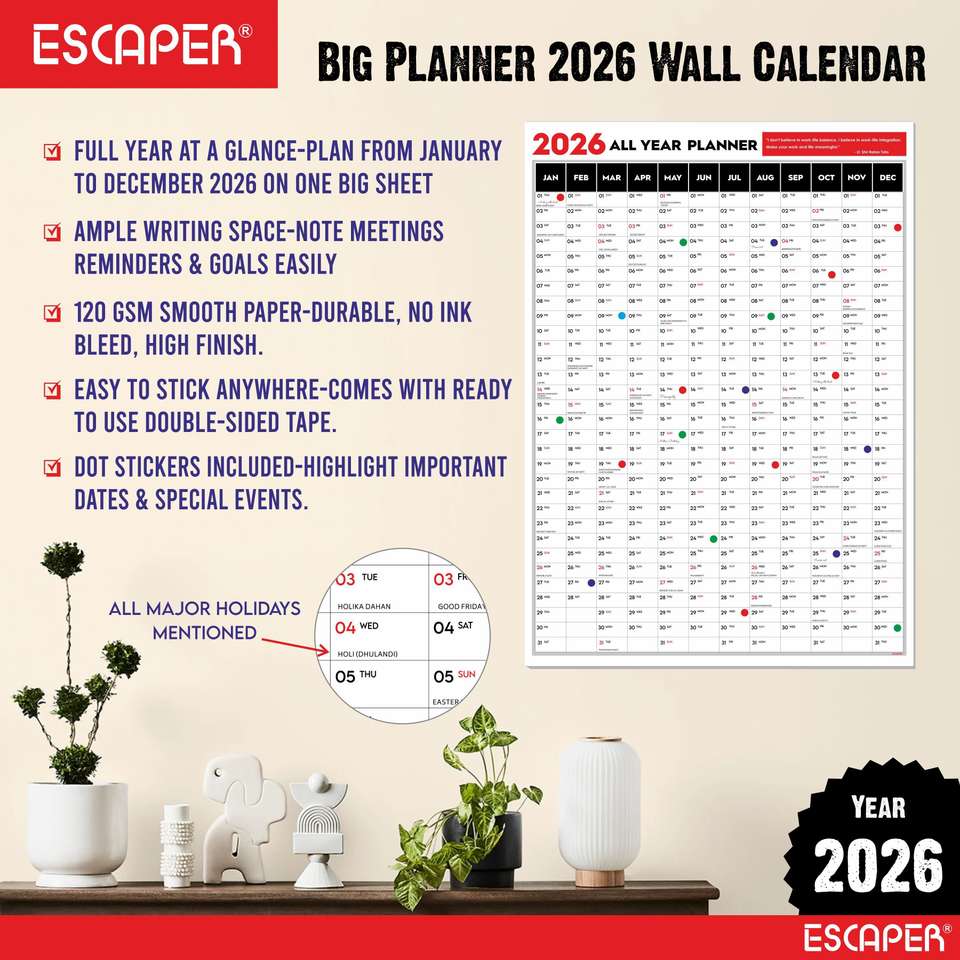 Big R Decal ESCAPER Big Planner 2026 Wall Calendar (18 x 25 inches) with Dot ...