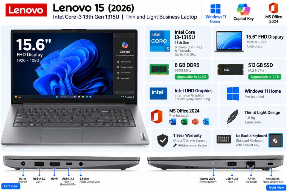 Lenovo V 15 (2026) DDR5 5600Mhz Intel Core i3 13th Gen 1315U - (8 GB ...