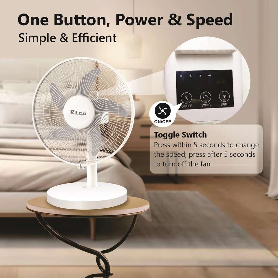 Zain Rico Fan Rico Fan with Auto Oscillation |Type-C Charging | 3-Speed Settings ...