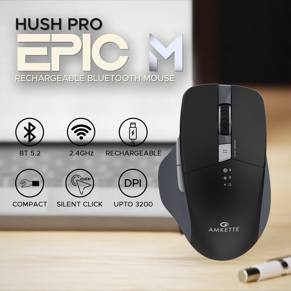 AMKETTE Hush Pro Epic M Ambidextrous Optical Mouse Rechargeable Multi ...
