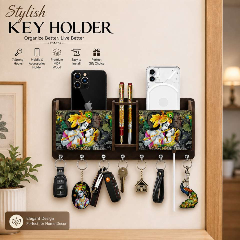 Plus Shape Key Laxmi Enterprises 7 Hook Wooden Key Holder with Mobile Stand Wood Key ...