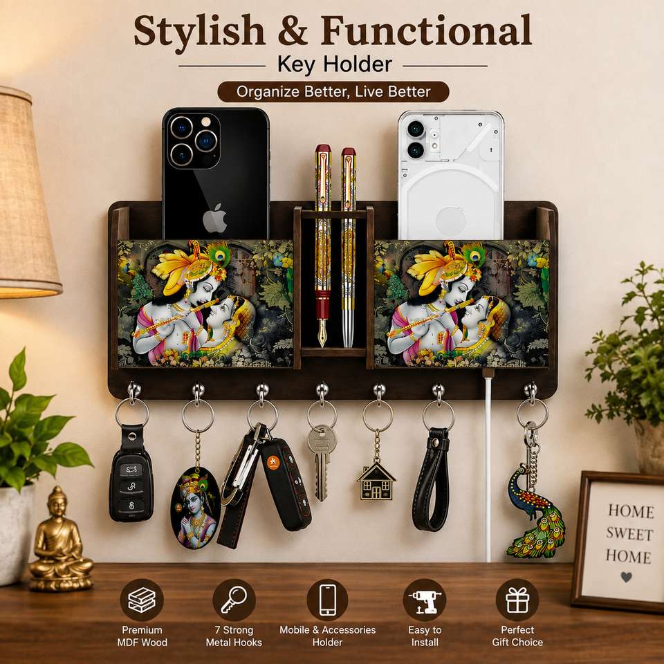 Plus Shape Key Laxmi Enterprises 7 Hook Wooden Key Holder with Mobile Stand Wood Key ...