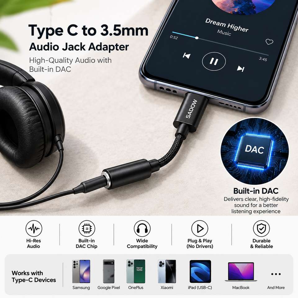 Sadow Black Type C to 3.5 mm Audio Jack Connector Phone Converter WIth ...